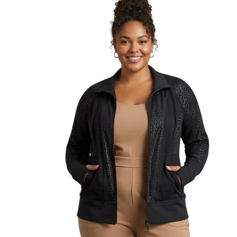 Zella Full Zip Up Jacket Womens Size 2X Solid Black Leopard Outdoor Actrivewear